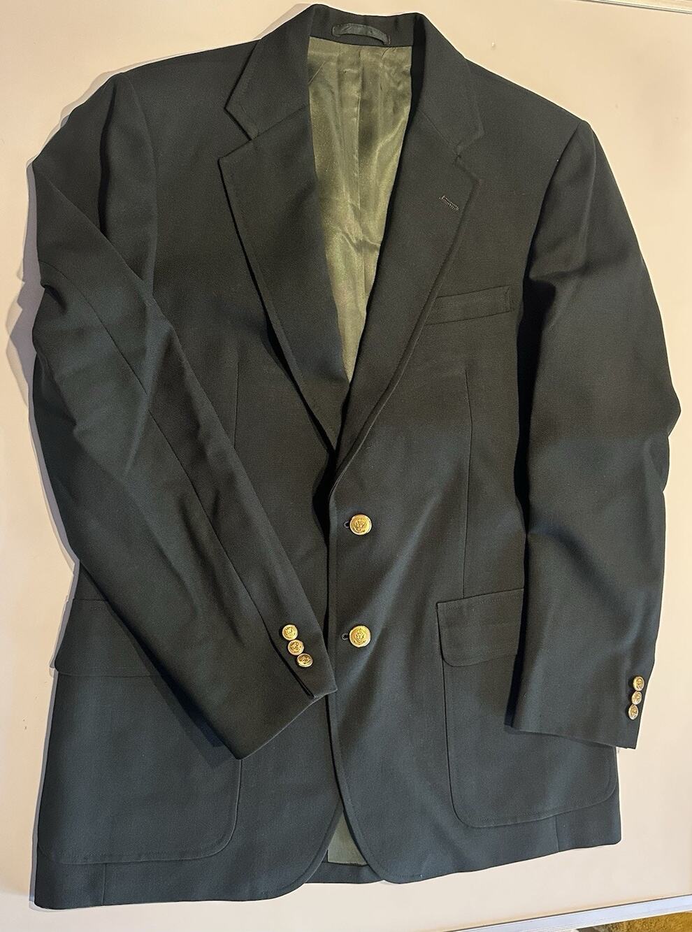 Stanely Blacker Blazer Jacket Mens 44R Green Solid Hopsack Wool Gold Buttons USA